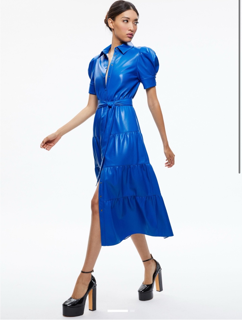 Alice + Olivia Electric Blue Faux-Leather Shirt Dress with Tie belt Size 12